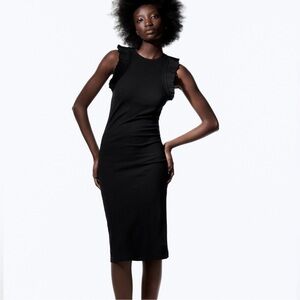 Zara Black Ribbed Ruffle Shoulders Knit Knee Length Dress XL